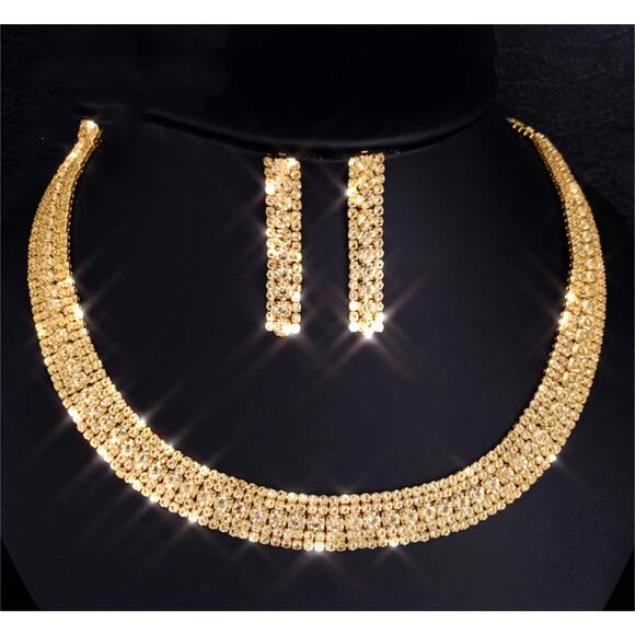 Pierced gold and clear stone 1/2" wide choker necklace and earring set - Picture 1 of 4